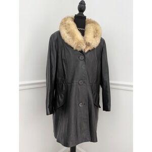 Vintage 60s/70s Black Leather Coat Real Fur Collar NYC Leathercraft XL Mob wife